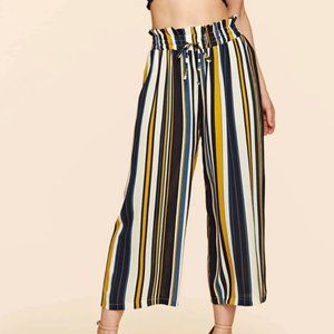 Blue and yellow striped wide leg pants